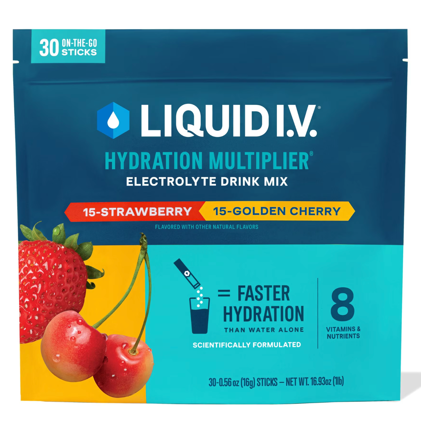Liquid I.V. Hydration Multiplier package with strawberries and cherries on a blue background