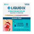 Box of Liquid I.V. Hydration Multiplier Electrolyte Drink Mix with flavors White Peach and Strawberry Watermelon.