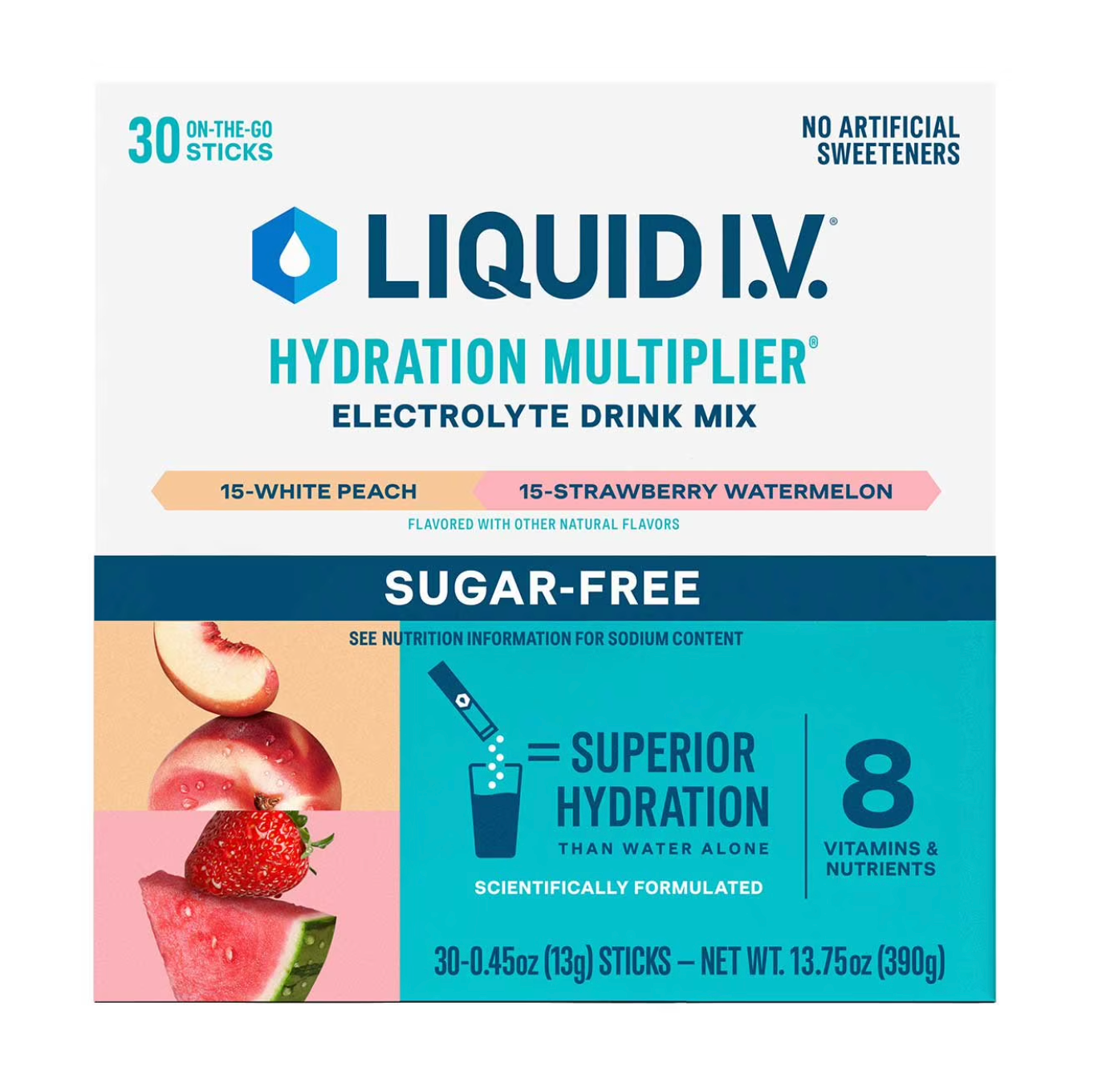 Box of Liquid I.V. Hydration Multiplier Electrolyte Drink Mix with flavors White Peach and Strawberry Watermelon.