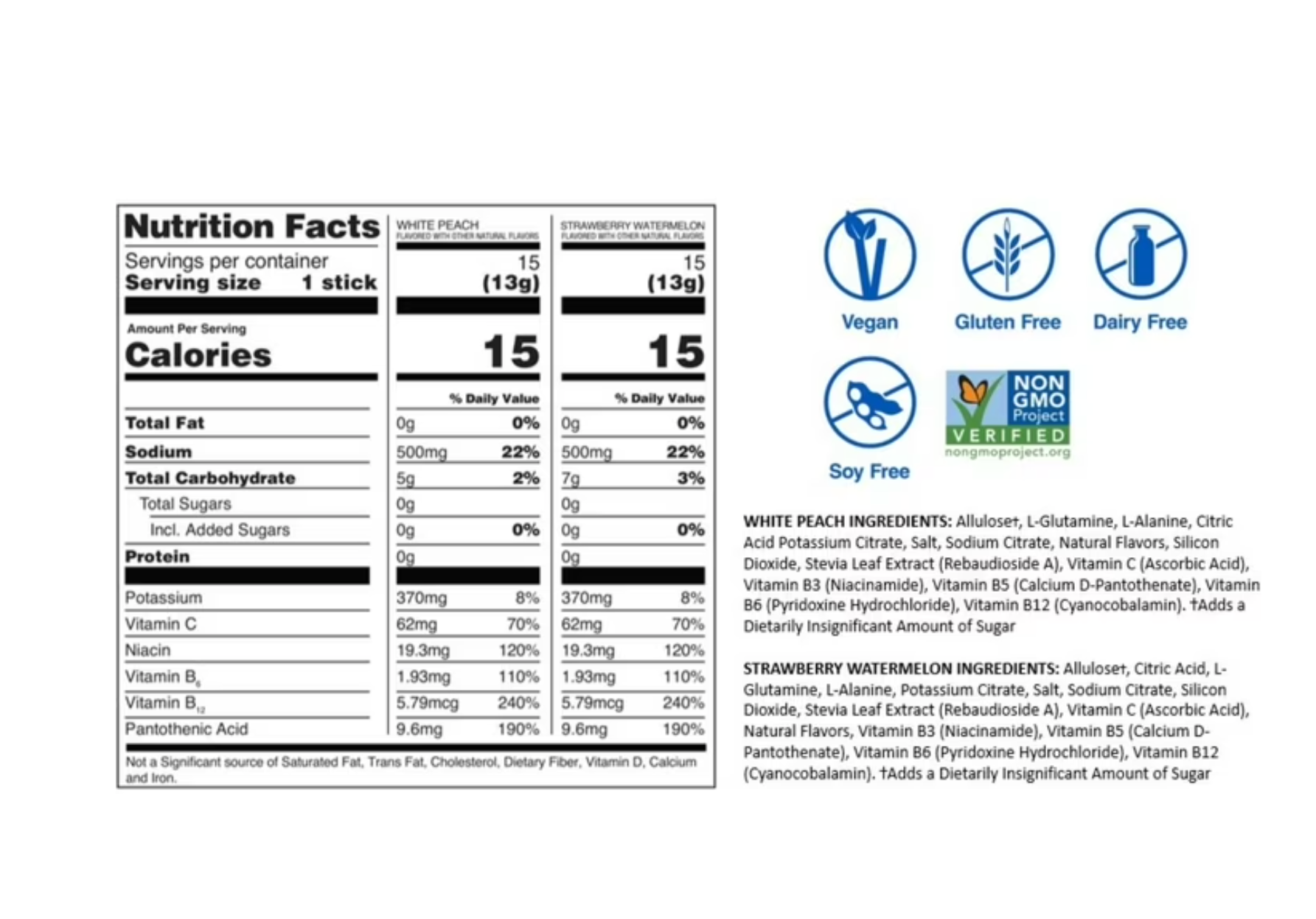 Nutrition facts label and certification icons for white peach and strawberry watermelon liquid I.V