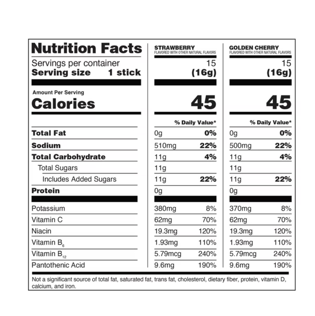 Nutrition facts label for Liquid I.V with strawberry and golden cherry flavors.